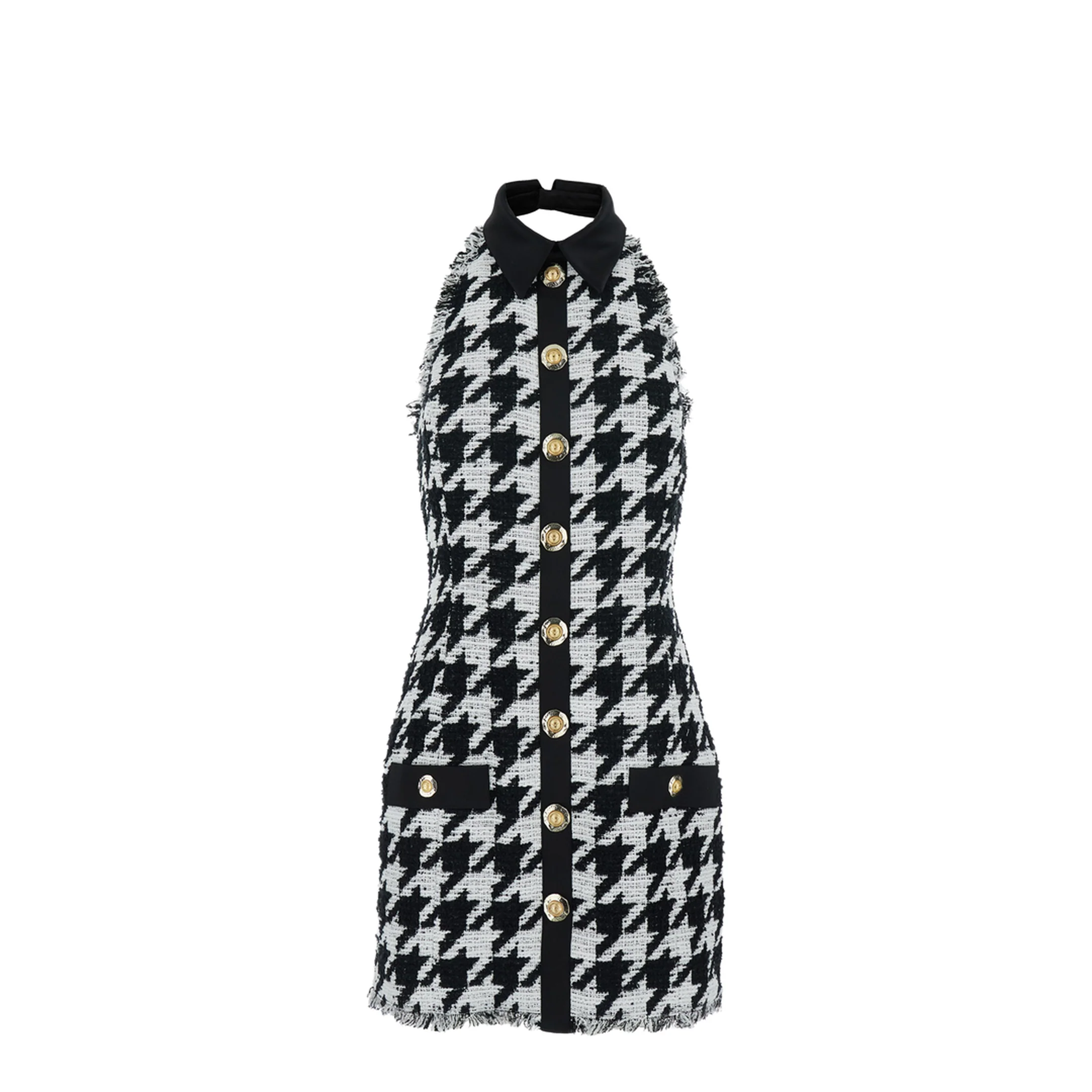 Buttoned Halterneck Tweed & Satin Dress