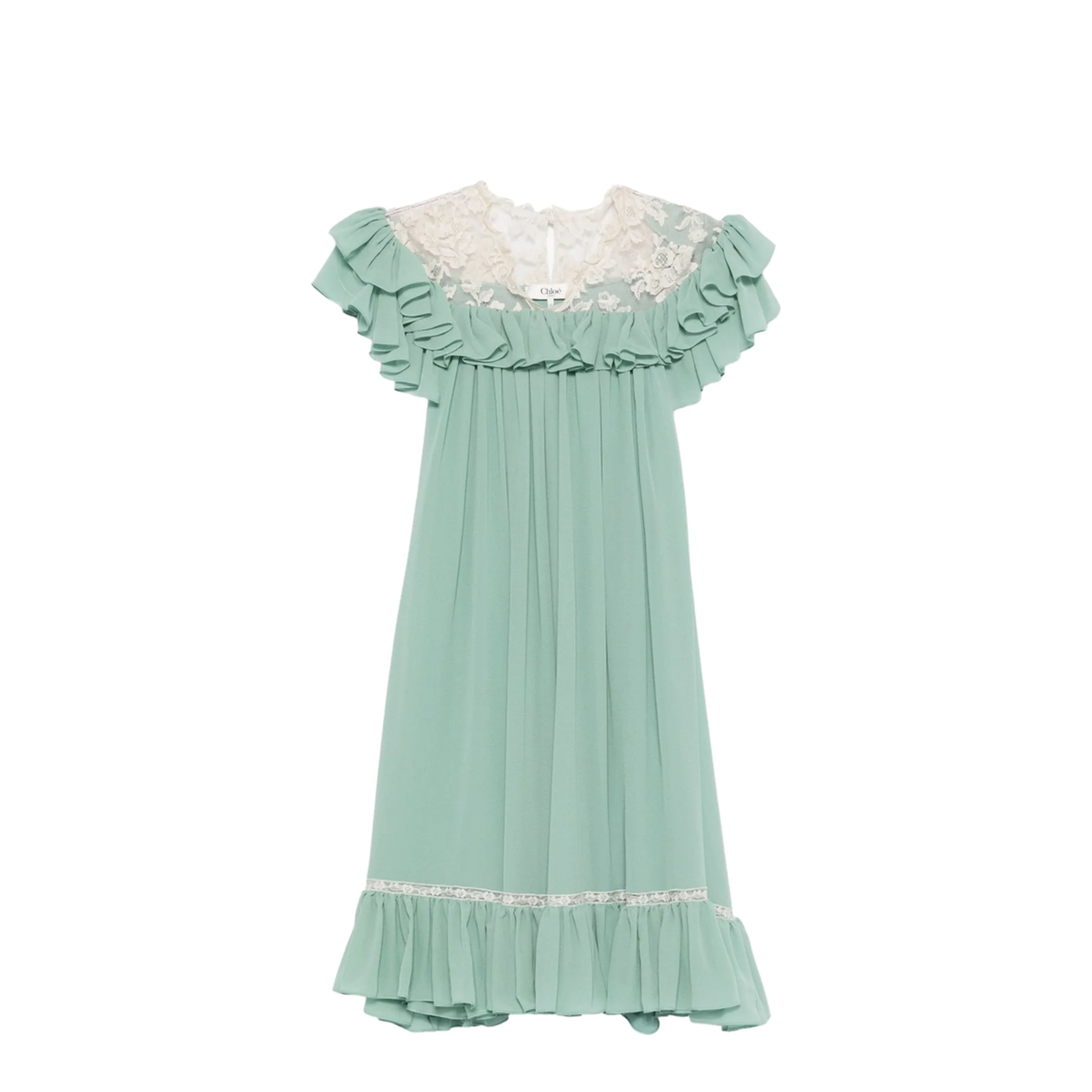 Short-sleeve mini dress in silk georgette & lace