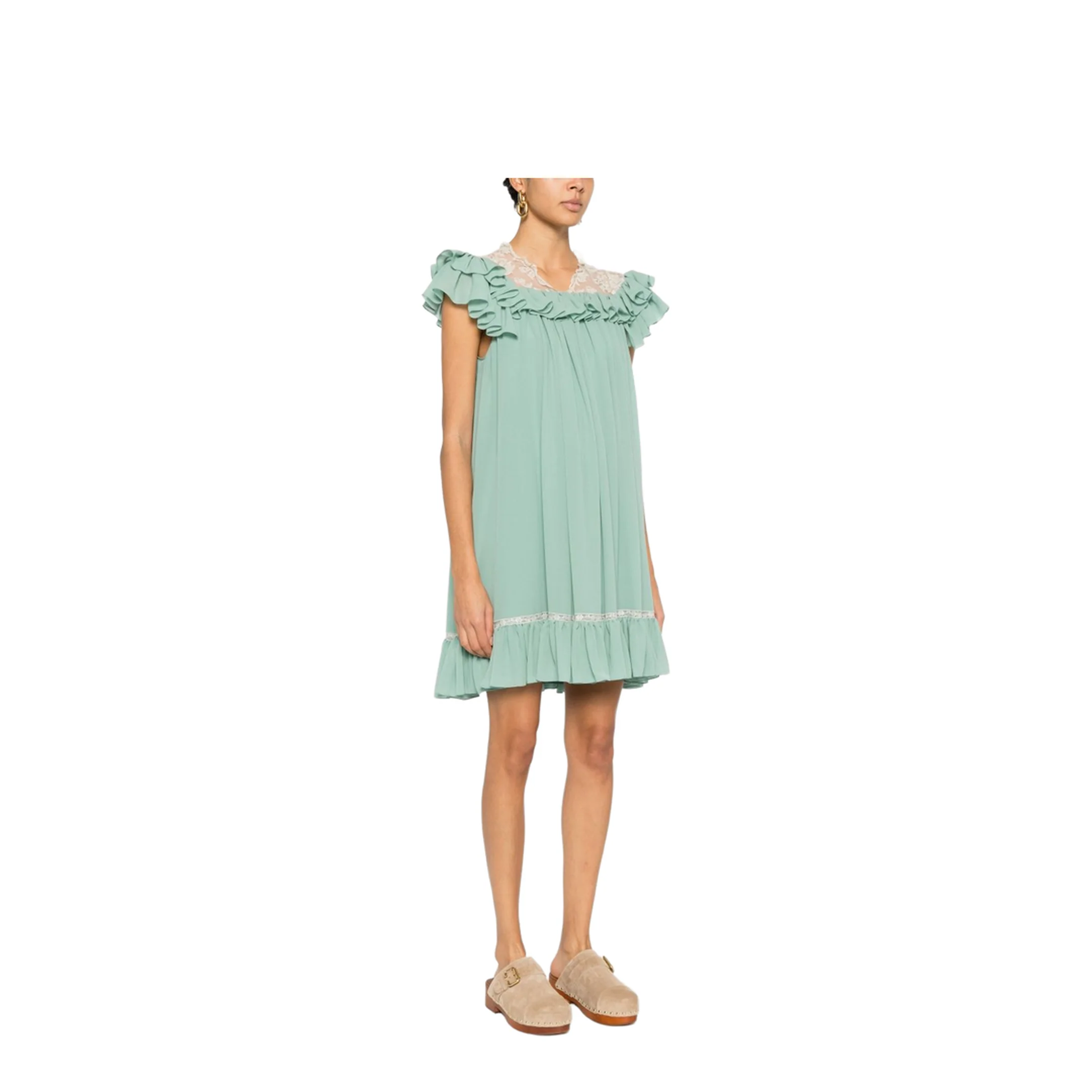 Short-sleeve mini dress in silk georgette & lace - Image 5