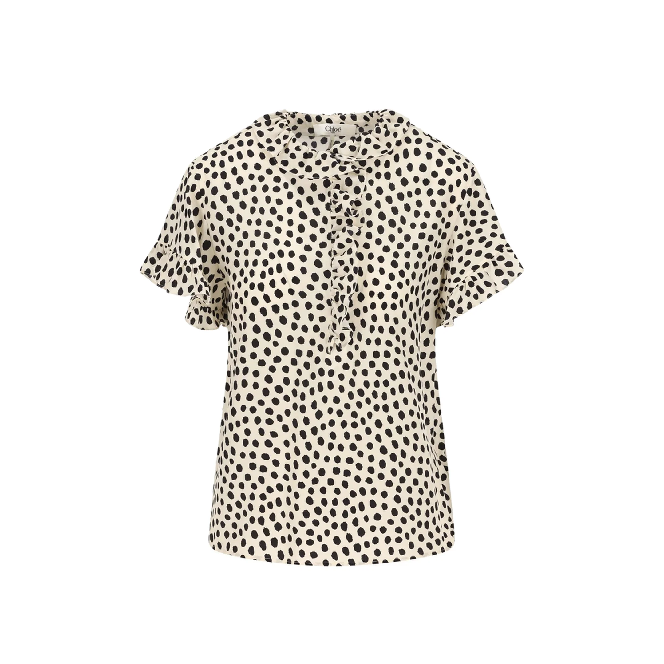 Short-Sleeve Ruffle Top in Crêpe de Chine Beige