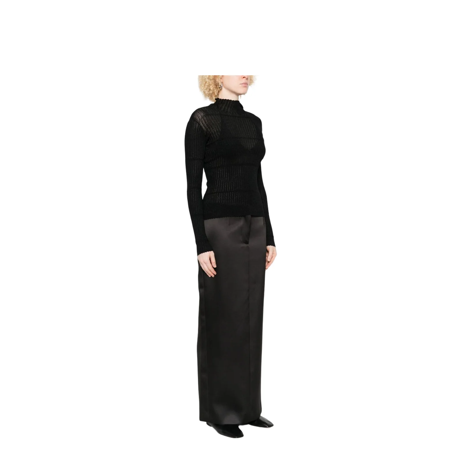 Ribbed Knit High Neck Long Sleeve Sweater Black - Image 2
