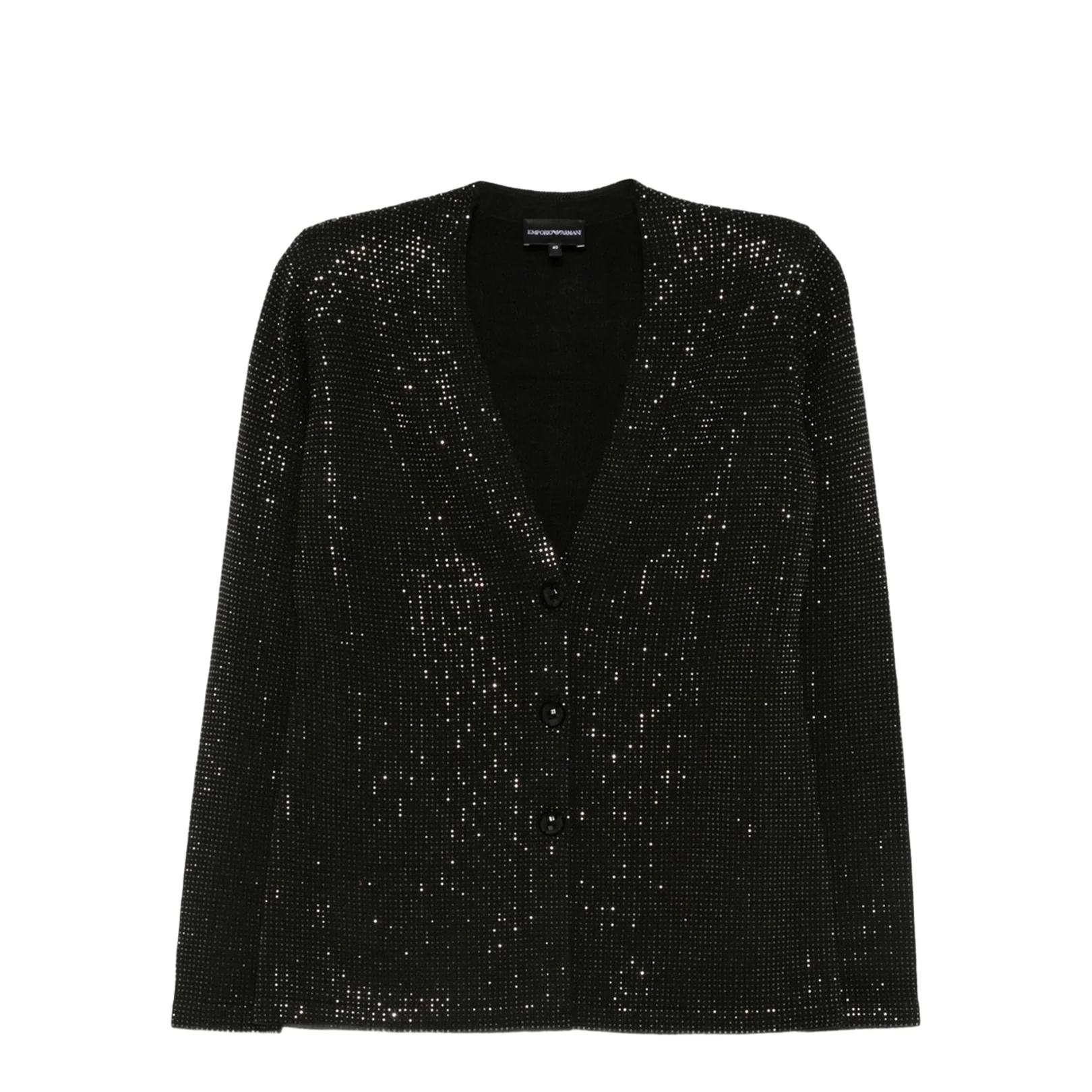 Virgin Wool-Blend Plain-Knit Cardigan with All-Over Rhinestones