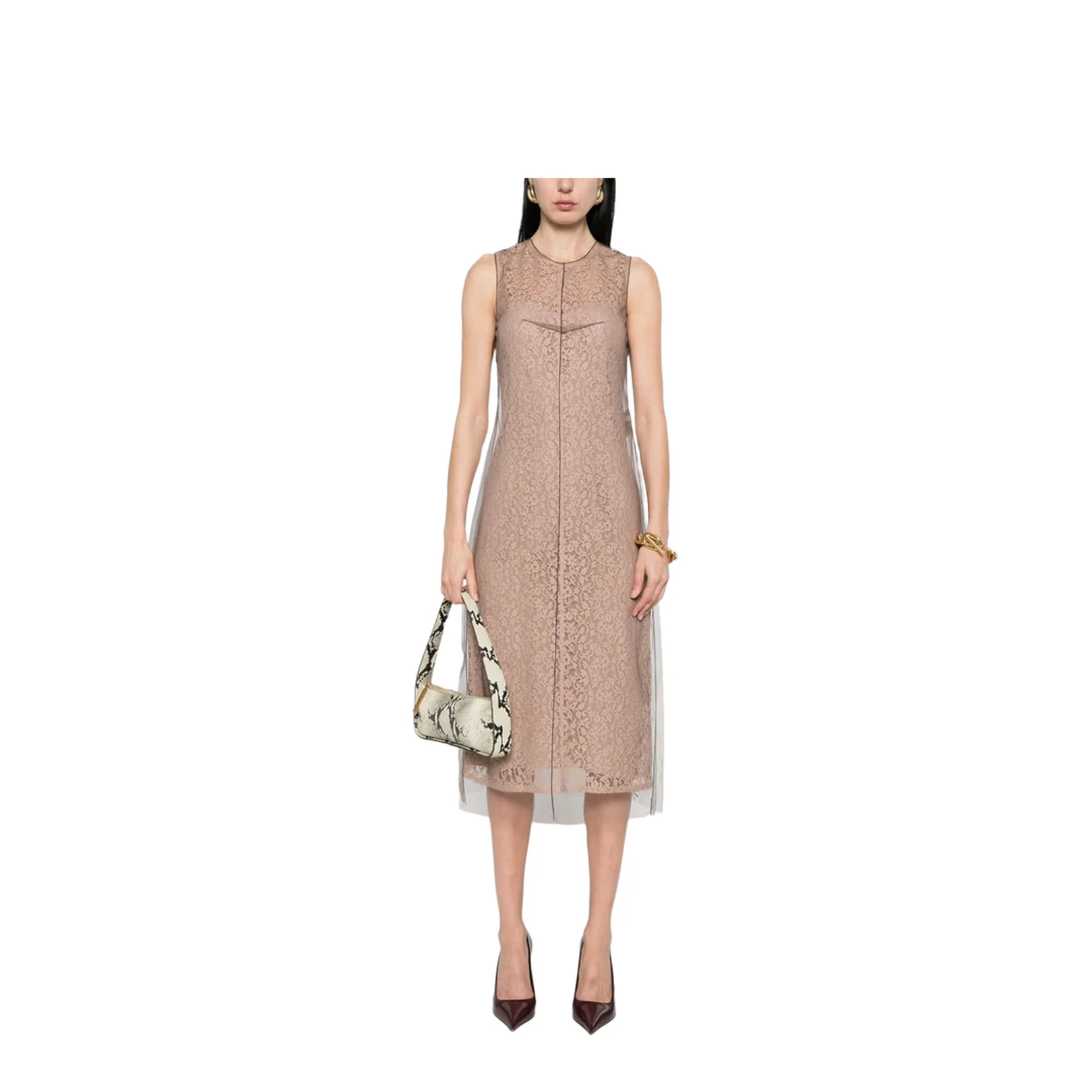 Concealed Rear Hook and Zip Fastening Internal Slip Dress with Tulle Overlay and Rear Slit - Image 4