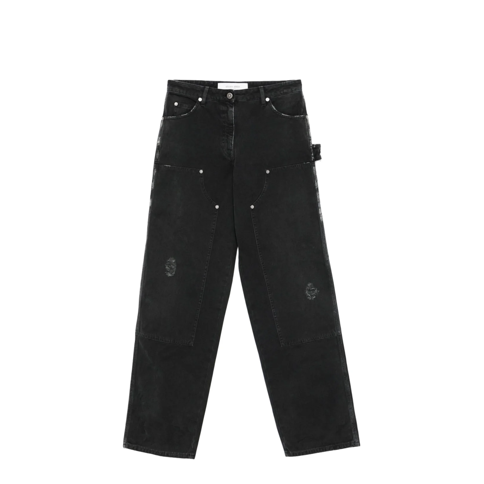 Distressed Black Cotton Jeans with Front Patches