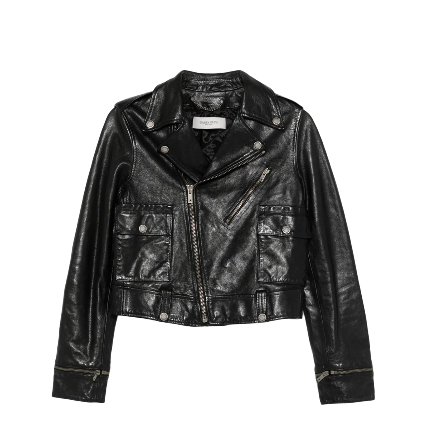 Shiny Black Sheepskin Biker Jacket with Sturdy Zip