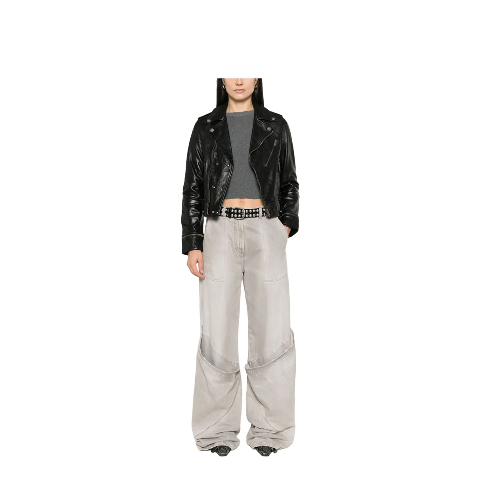Shiny Black Sheepskin Biker Jacket with Sturdy Zip - Image 5