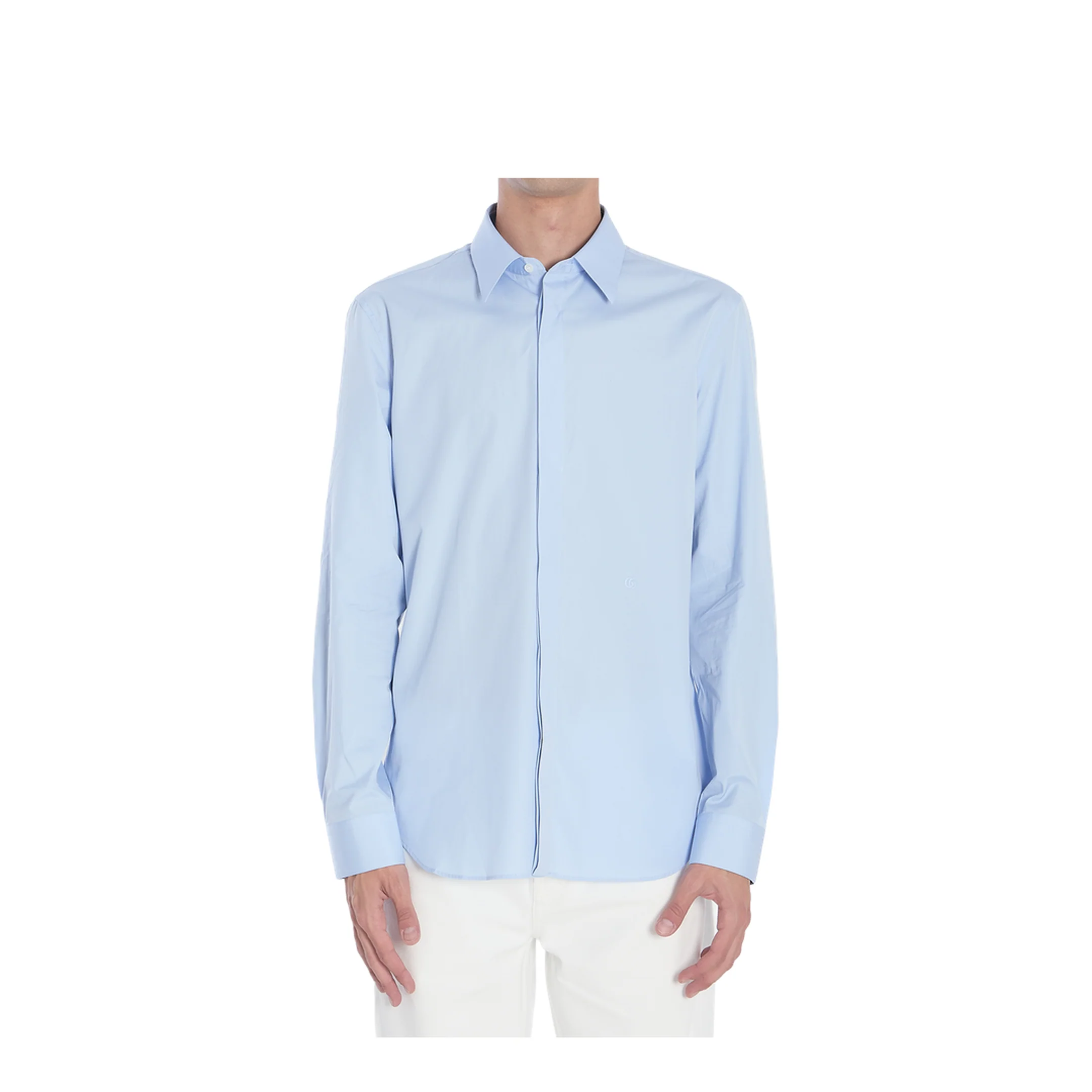 Cotton Poplin Shirt with Embroidery in Light Blue