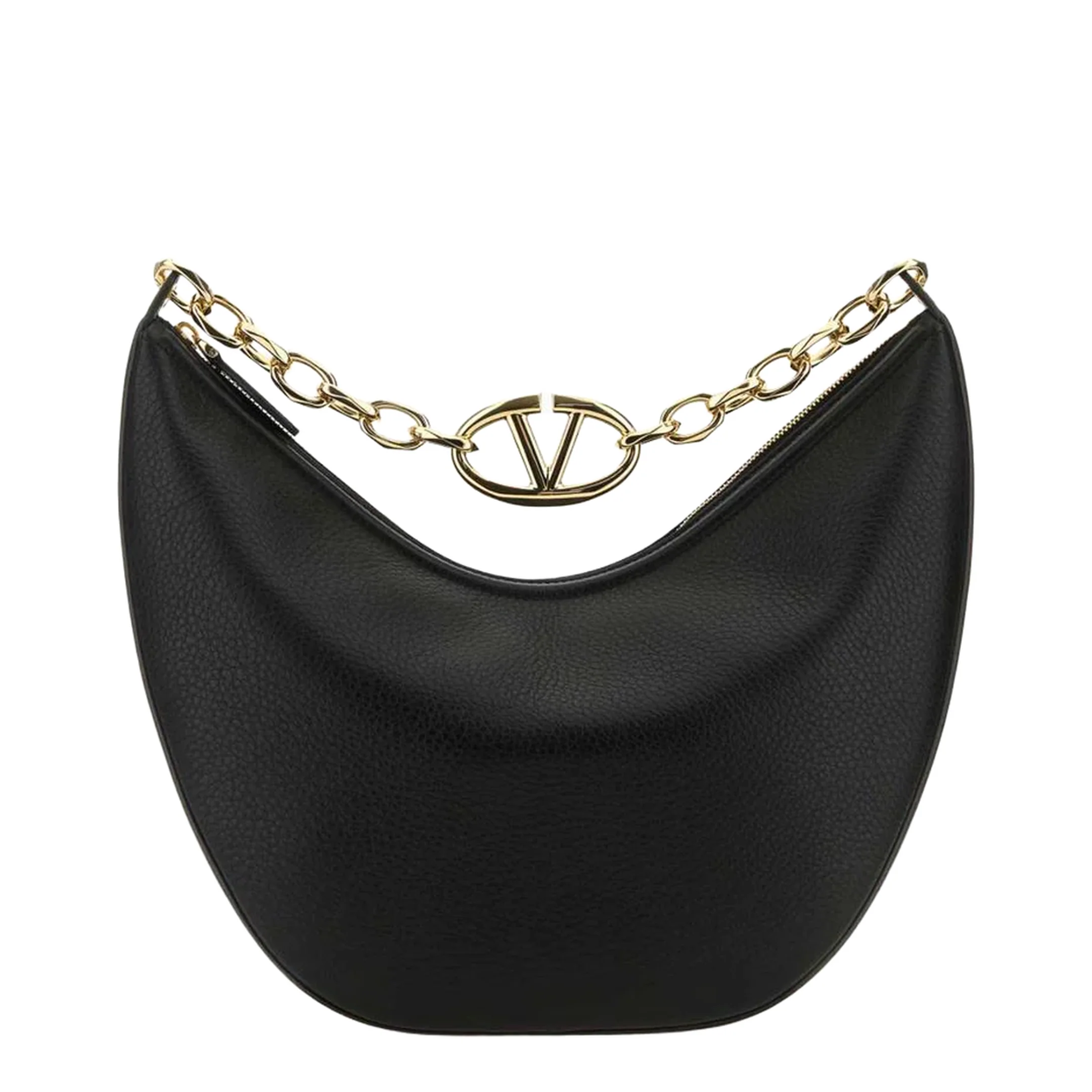 VLogo Black Leather Medium Hobo Moon Shoulder Bag
