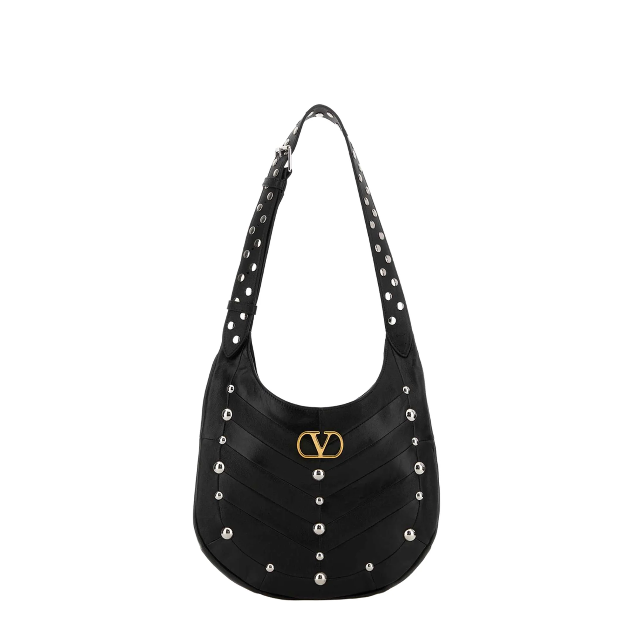 Hoboho Nappa Leather Hobo Bag With Chevron Pattern And Studs Black