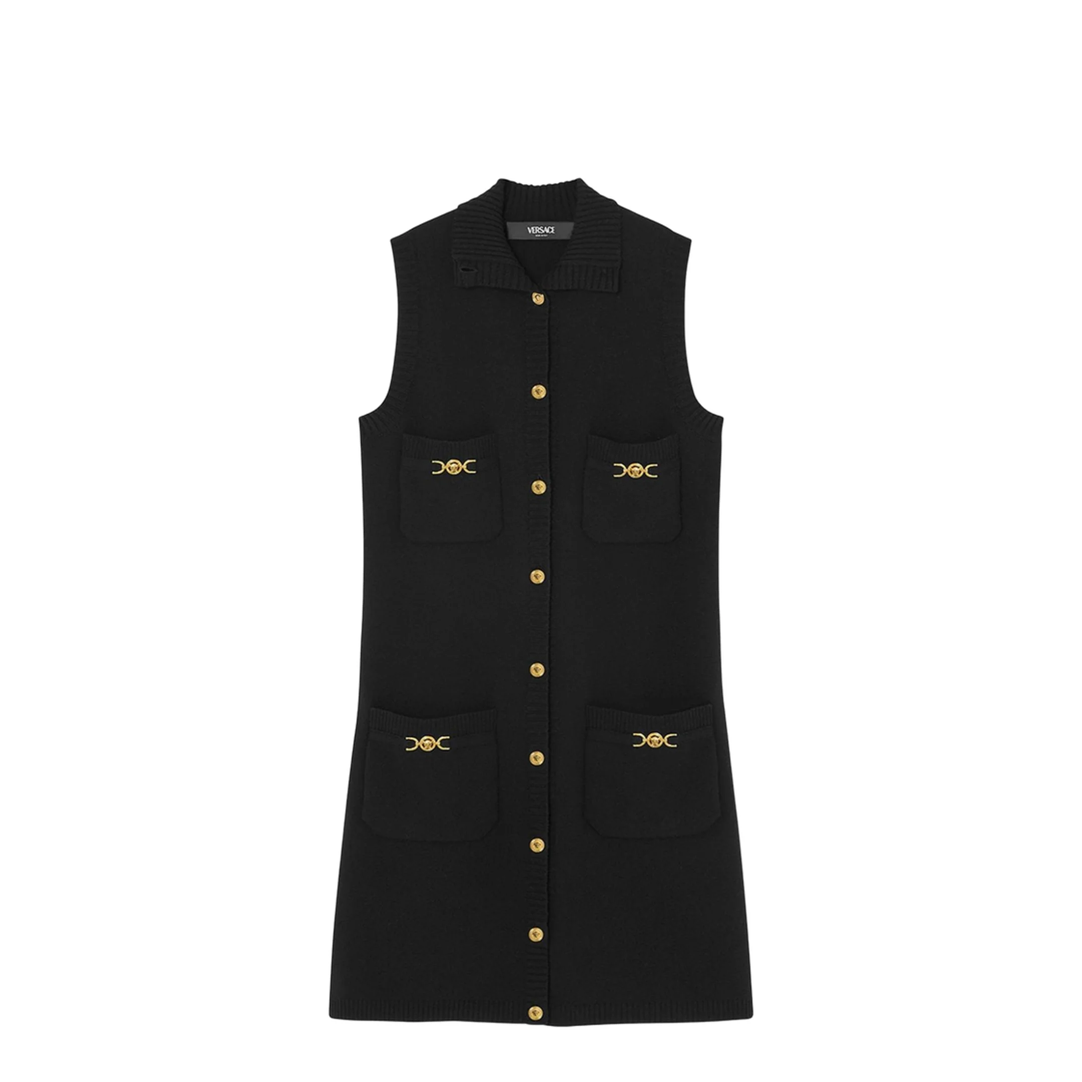 Black Mini Sleeveless Dress with Medusa Detail