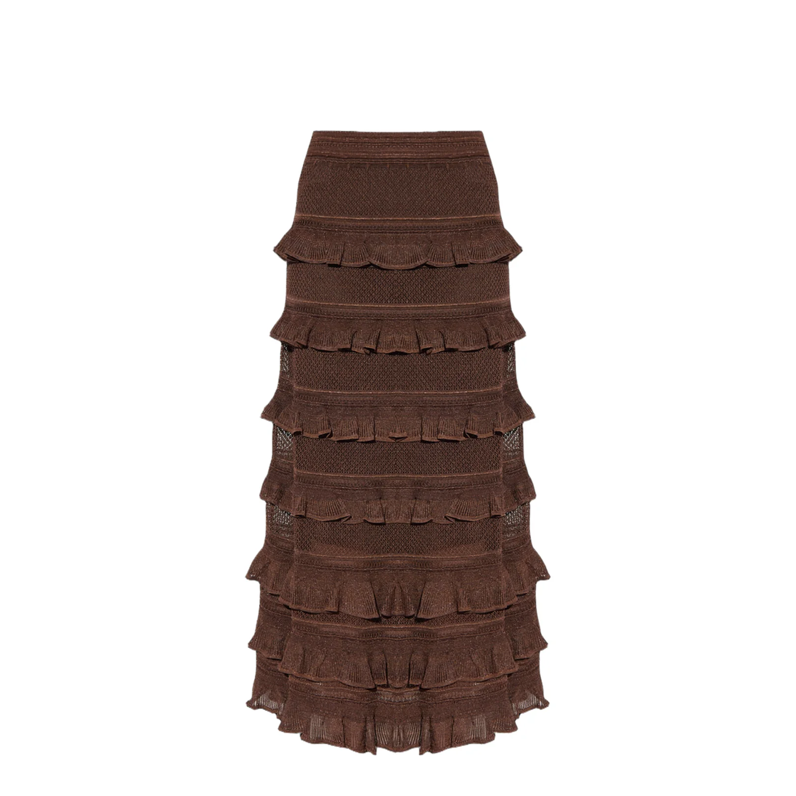 Hypnotic Lace Frill Metallic Knit Midi Skirt Brown